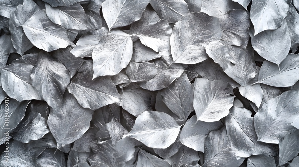 Poster a close-up of silver leaves arranged in a flat pattern, creating a textured background.