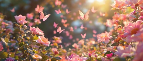 Pastel pink butterflies flitting around delicate flowers in a whimsical garden setting, airy, , whimsy, flower arrangement, floral motifs