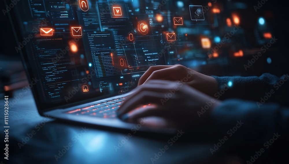 Poster cybersecurity expert codes efficiently on laptop, preventing digital threats with advanced encryptio