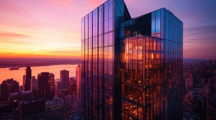 Modern glass skyscraper at sunset, city skyline view.