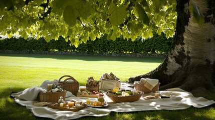 Fototapeta premium A serene picnic setup under a tree, featuring various foods on a blanket.