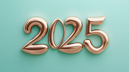 Elegant rose gold 2025 text mint green background festive confetti celebrating new year modern minimalistic vibrant color Christmas classy wallpaper backdrop blue bold event party digital banner