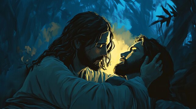 In a dramatic night setting, Jesus gently restores the ear of a servant, illuminated by warm golden tones against muted blues and deep shadows, showcasing compassion
