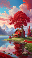 Red House with Red Tree near the River - Generated by AI. 