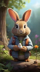 Bunny found a lost bird in the jungle - Generated by AI.
