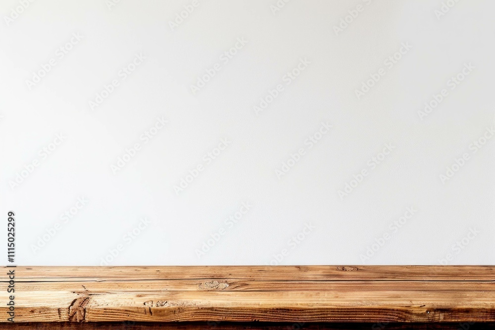 Poster wooden table top with a blank white wall background, perfect for displaying products or creating min