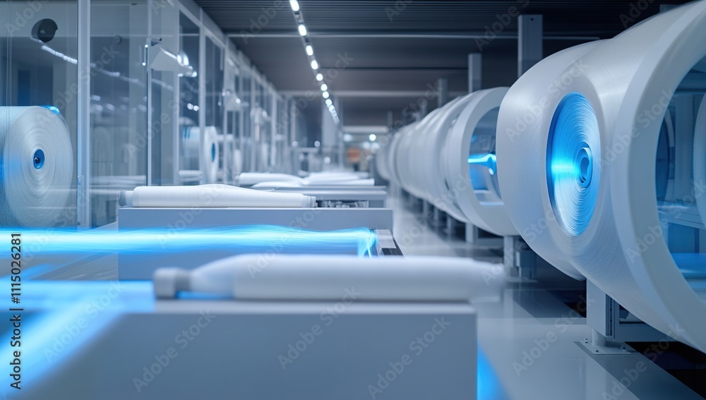 Poster modern textile factory: automated machines produce fabric efficiently and cleanly in a futuristic se