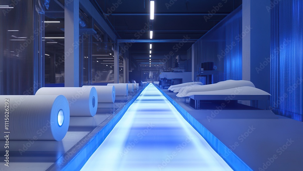 Poster modern factory: manufacturing process of soft material rolls using advanced technology in a clean, b