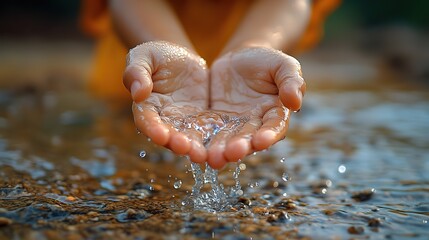 Fototapeta premium Drops of water fall from a child’s hand onto cracked soil, symbolizing the water crisis caused by climate change