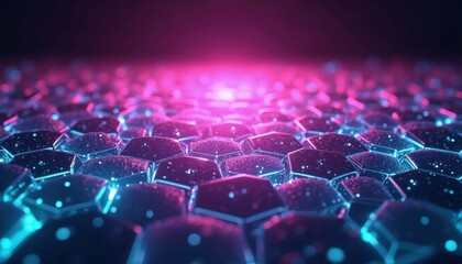 Obraz premium A background with a glowing hexagonal grid pattern in neon colors like turquoise, pink, and violet. The hexagons should appear to pulse with light, and the background should have a dark or black gradi