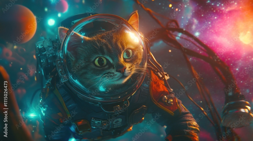 Poster cat in an astronaut suit floating in space