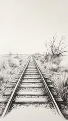 Fototapeta premium A black-and-white drawing of a railway track stretching into the distance amidst sparse vegetation.