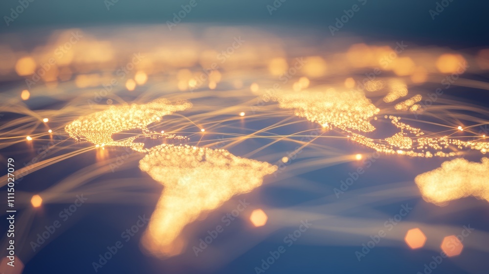 Poster a glowing abstract world map with golden lines representing global connections, symbolizing technolo