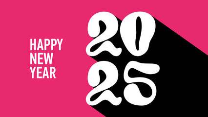 Text Happy New Year 2025 and white letters, numbers 2, 0, 4 with long black shadow on pink background. Horizontal poster. Greeting card. Social media template for winter holiday, Merry Christmas