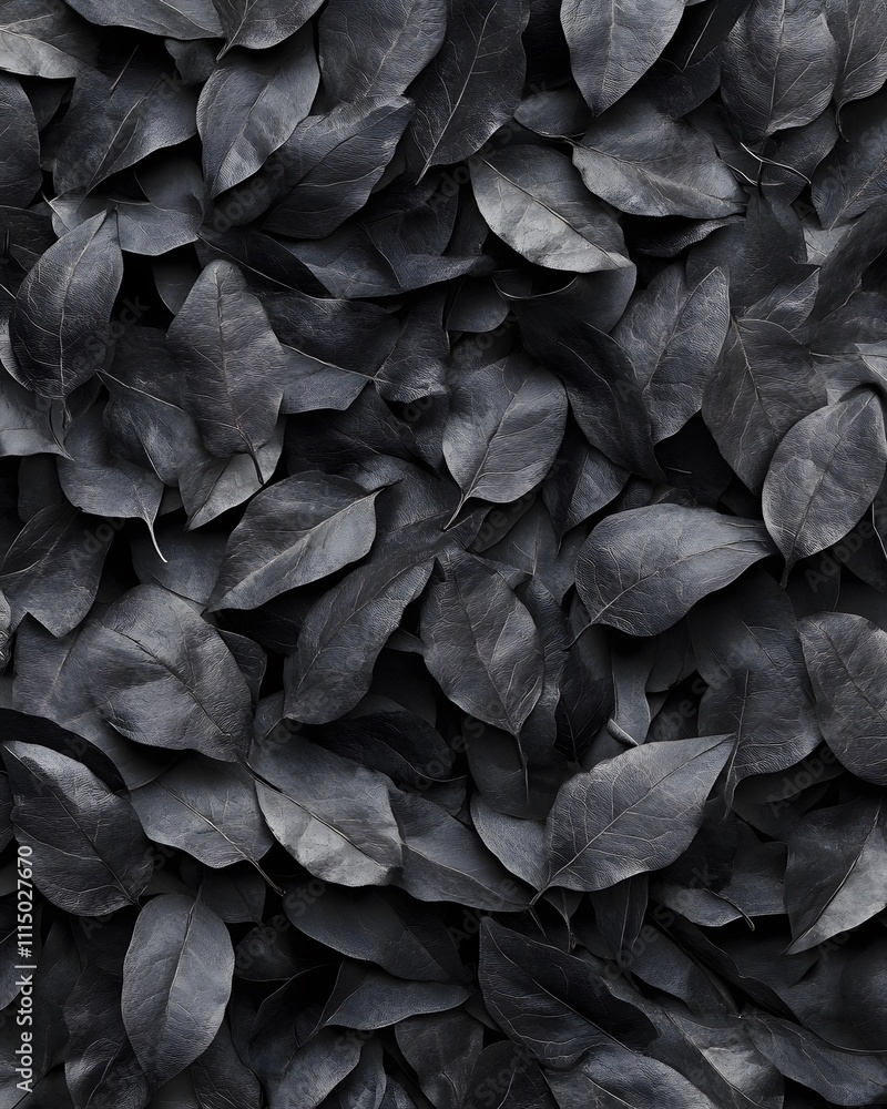 Poster a close-up view of dark leaves arranged densely, creating a textured and moody background.