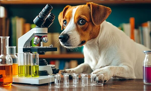 A curious dog examines a microscope surrounded by colorful test tubes in a lab setting.