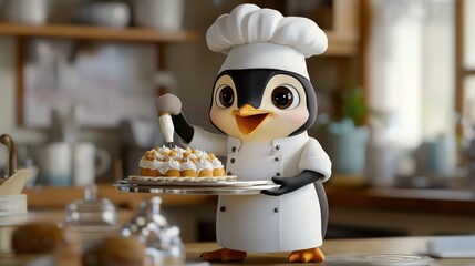 A playful 3D cartoon penguin chef in a neatly pressed white chefs  jacket and hat, holding a tray of freshly baked pastries. 