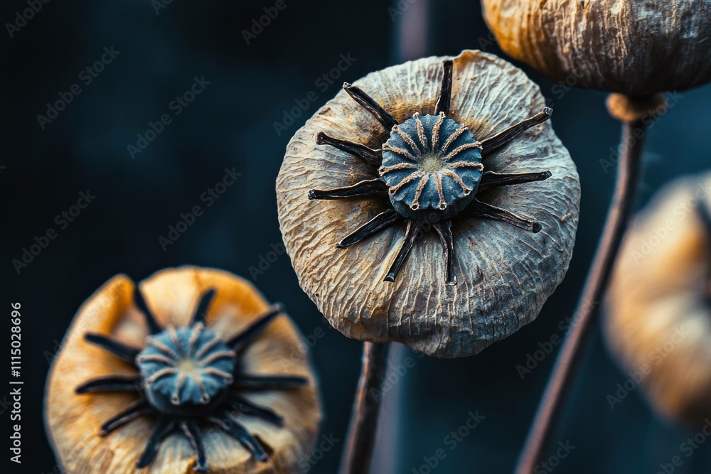Poster close-up of dried poppy seed pods with intricate details and textures against a dark background, cre