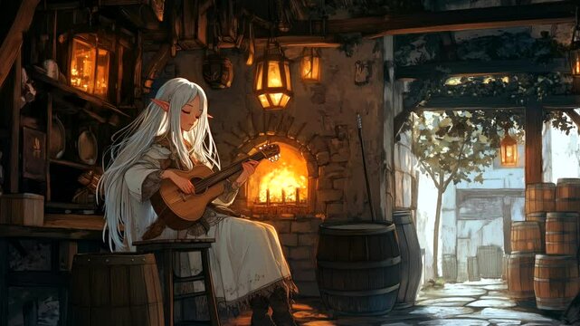 Elven musician playing a lute in a rustic courtyard surrounded by warm glowing lights creating a tranquil ambiance. Music concept