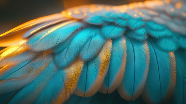 A stunning macro composition of a birda??s wing featuring vibrant turquoise and gold feathers, with a silky, fluffy texture that looks weightless, glowing softly under diffused light.