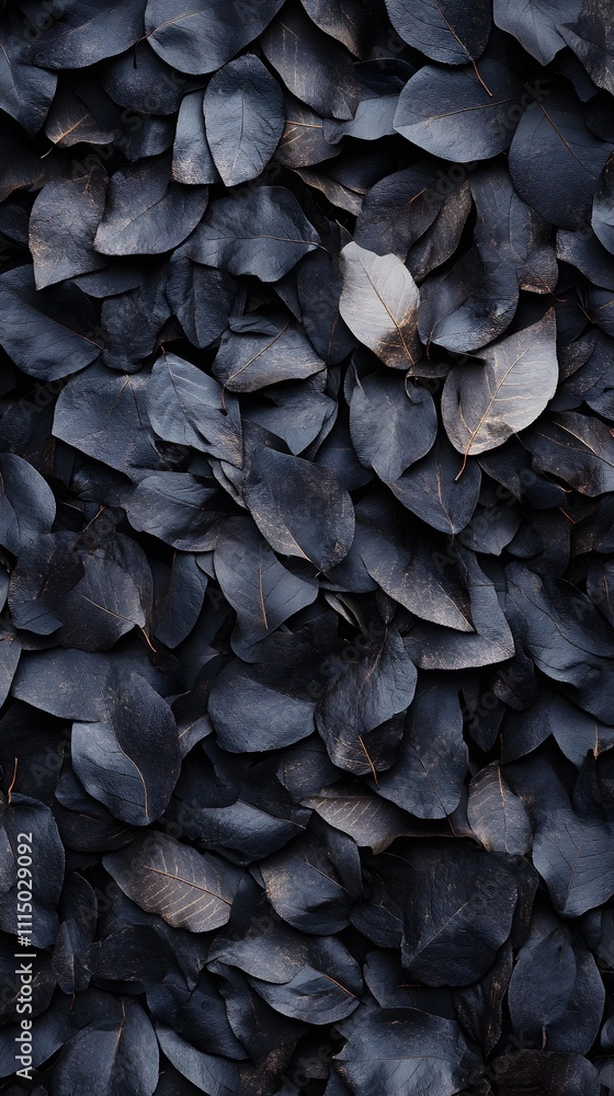 Poster a close-up view of dark, textured leaves creating an abstract pattern.