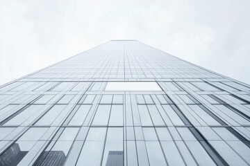 Fototapeta premium Reaching for the Sky: A low angle shot of a towering skyscraper against a backdrop of a cloudy sky evokes a sense of ambition and progress.