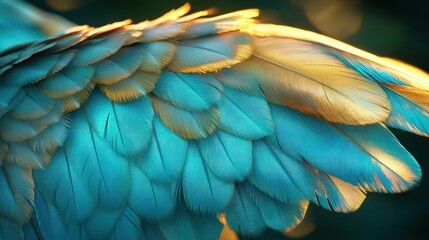 Obraz premium A stunning macro composition of a bird wing featuring vibrant turquoise and gold feathers, with a silky, fluffy texture that looks weightless, glowing softly under diffused light.