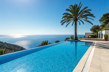 Fototapeta premium Beautiful blue fresh infinity swimming pool in a villa in sunny Spain with sea views. Has a shadow from a palm tree in the center of the pool.