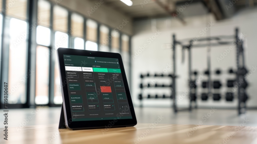 Aufkleber modern fitness app displayed on tablet in gym setting with exercise equipment in background and brig