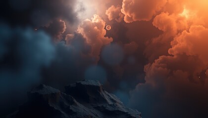 Obraz premium Dark Rocks Against An Orange And Blue Nebula Sky