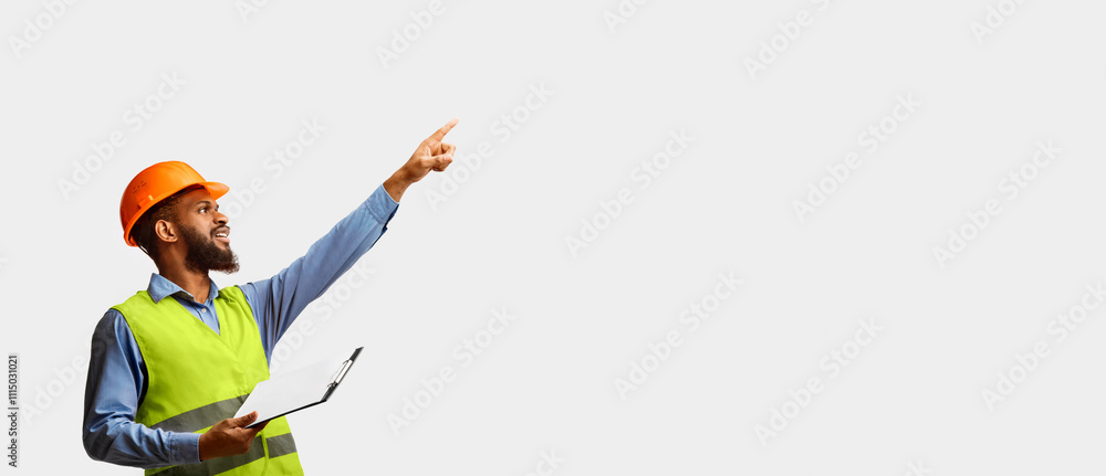 Poster black architect working on construction site pointing finger holding folder with building project st