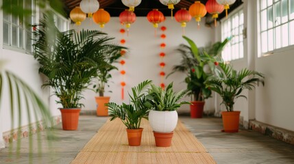 Fototapeta premium Tranquil Indoor Garden with Potted Plants and Colorful Lanterns Creating a Serene Atmosphere for Relaxation and Meditation in Natural Light