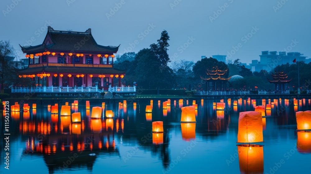 Poster serene evening view of floating lanterns illuminating a calm lake with traditional architecture refl