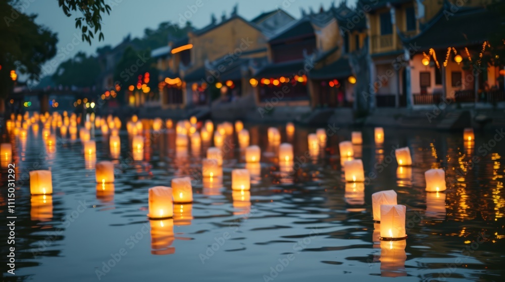 Poster serene evening scene with floating lanterns on calm river in an ancient town, capturing the magic of