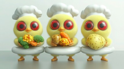 Fototapeta premium Three soft yellow 3D cartoon baby birds with oversized red bee-like eyes, all wearing chef hats, seated on a shiny white 3D chair. Each bird holds a cooked vegetable.