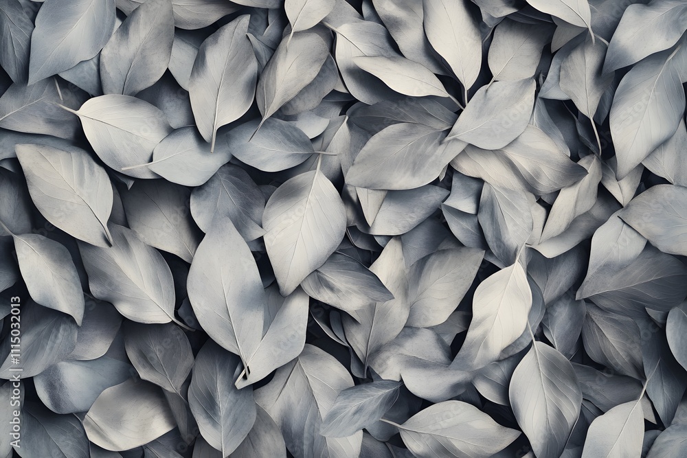 Poster a close-up view of numerous overlapping leaves in a monochromatic color scheme.