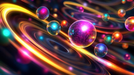 A striking atomic representation with bright spheres in colorful hues, orbiting within glowing dynamic rings, symbolizing energy movement.