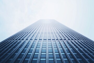 Fototapeta premium Aspiring to Greater Heights: A low angle perspective captures the towering grandeur of a modern skyscraper, reaching for the sky with an air of ambition and progress.