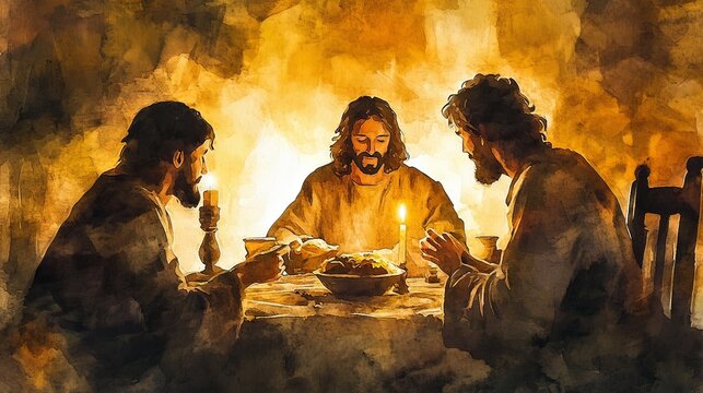 In a serene evening setting, Jesus breaks bread with two disciples in Emmaus, bathed in warm golden tones and soft shadows, creating an intimate atmosphere