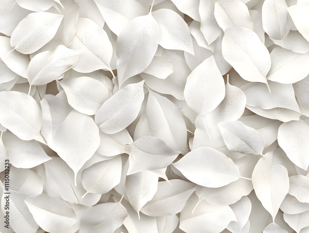 Poster a close-up view of numerous white leaves arranged in a textured pattern.