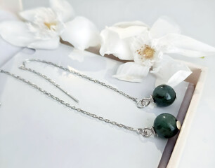 Elegant Green Jade Earrings with Floral Background
