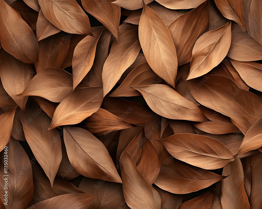 Poster a close-up view of overlapping brown leaves creating a textured, organic background.