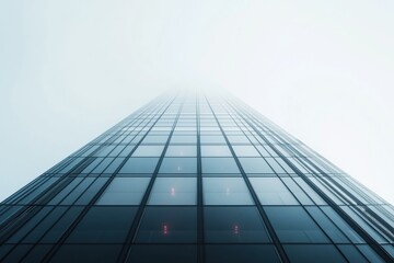 Fototapeta premium Reaching for the Sky: A Modern Glass Skyscraper Pierces the Fog