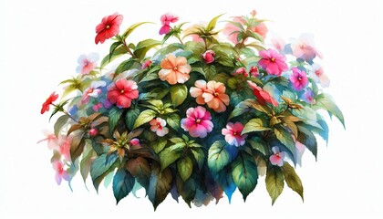 Impatiens plantsation in watercolor illustration with loose and fluid forms,