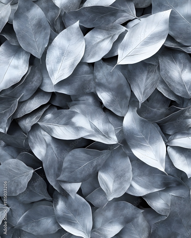 Poster a close-up view of overlapping gray leaves, creating a textured, monochromatic pattern.
