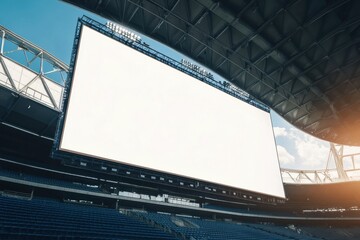 Stadium Jumbotron Mockup:  A wide-angle perspective of a massive blank jumbotron screen in a modern stadium, perfect for showcasing your brand or message.  The sunbeams illuminate the scene.