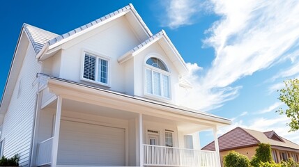 Obraz premium Bright Modern Home Exterior with Blue Sky and White Clouds