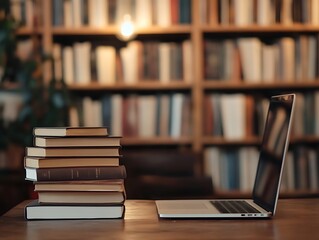 A Stack of Antique Hardcover Books Next to an Open Laptop on a Wooden Desk in a Sunlit Library, Bridging the Worlds of Traditional and Modern Knowledge