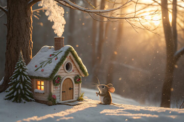 Naklejka premium A whimsical Christmas image of a country mouse in a small house in an opening in the forest. The ground and trees should be covered in light snow - generated by ai