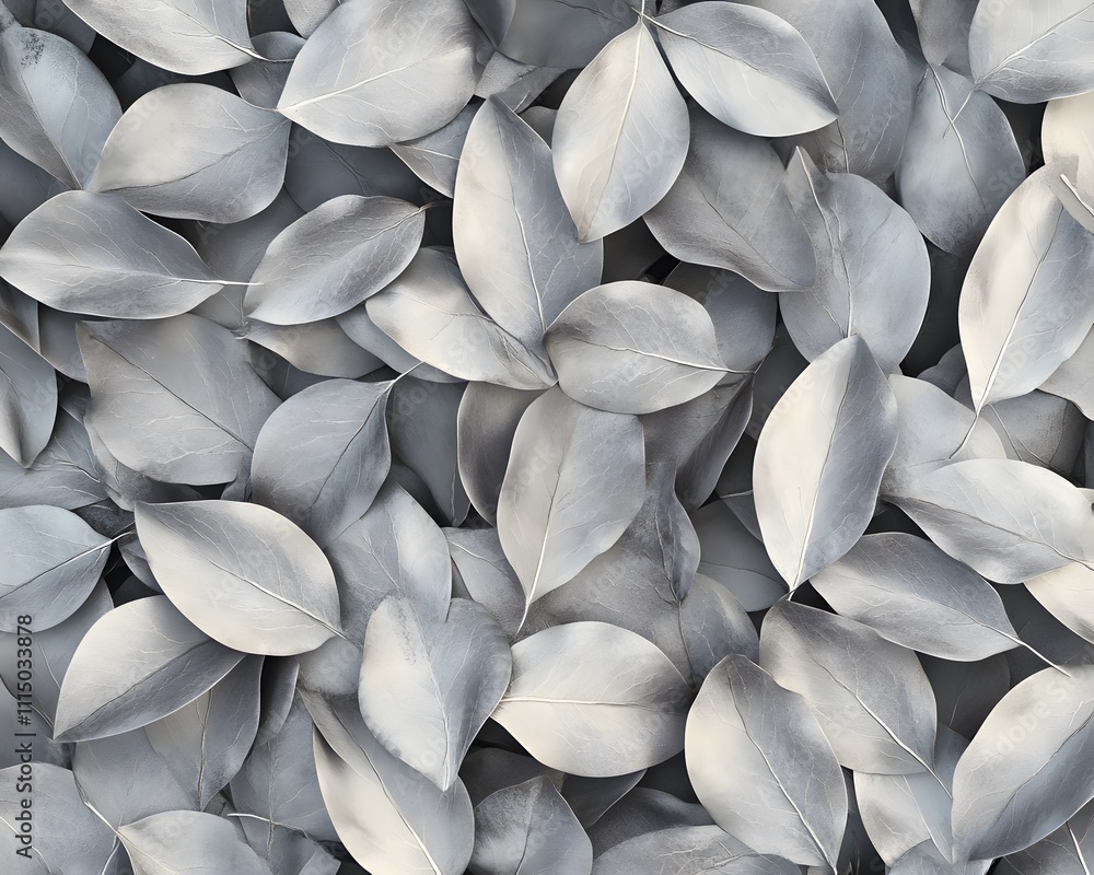 Poster a close-up view of overlapping silver leaves creating a textured, monochromatic pattern.